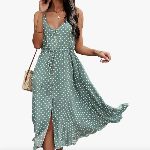 Flowy Green/White Polka Dot Green Sun Dress NWOT - Picture 4 of 8